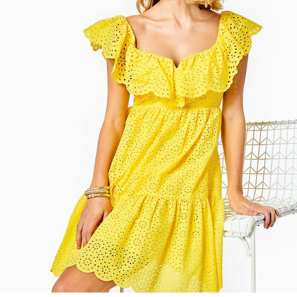 Lilly Pulitzer Asteria Yellow Daisy Dreams Eyelet Ruffle Mini Dress Size 2